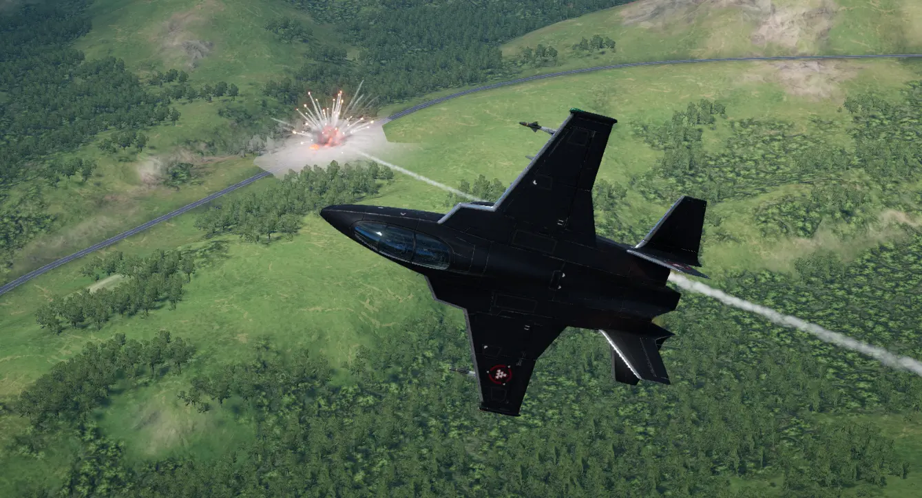 A TA-30 jet banking away after striking a ground target with its rocket, while looking at the explosion from the vehicle